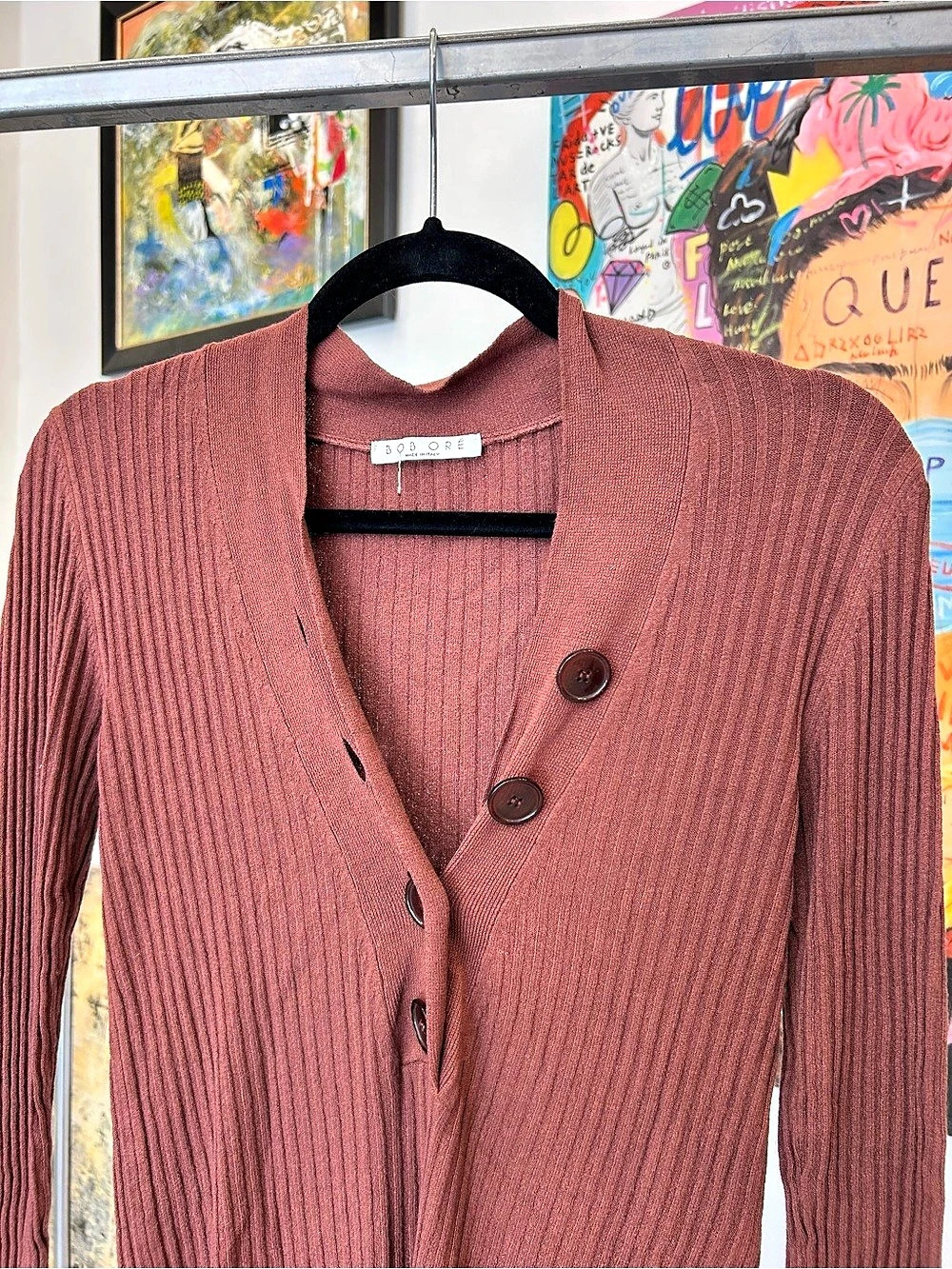 Bob Ore Ribbed Button-Front Cardigan in Brown - Picture 3 of 3